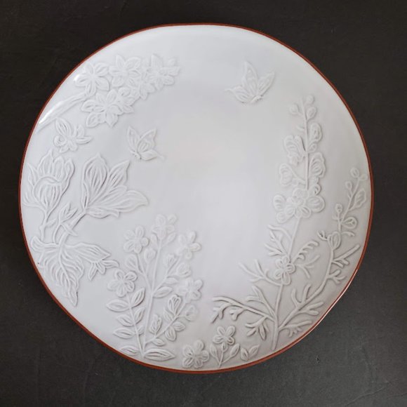 Pier 1 Terracotta White Glazed Dinner Plates 11" Impressed Floral Butterfly Set - Picture 4 of 13